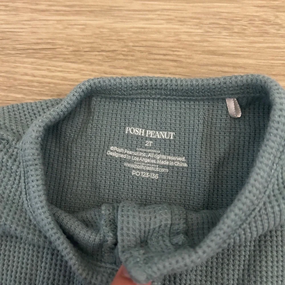 Posh Peanut 2T Blue‎ Waffle Knit Long Sleeve Bodysuit Dress Henley Thermal Snaps